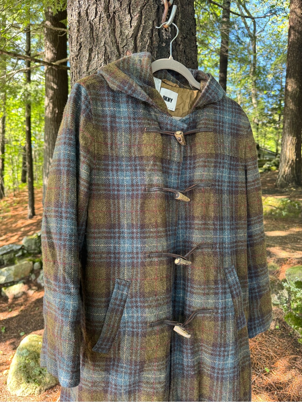 DKNY Plaid Wool Toggle Coat Leather Straps M - Picture 5 of 11